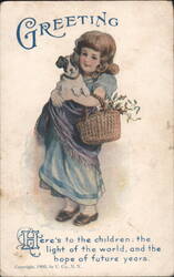 Girl with Puppy and Basket of Flowers, Sentimental Greeting Postcard