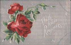 Embossed Red Roses with 'With Kind Regards' Greeting Postcard