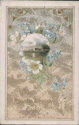 Easter Greeting with Forget-Me-Nots, White Flowers, and Landscape Vignette Postcard