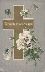 Peaceful Easter To You Gold Cross White Purple Pansies Floral Greeting 1909 Postcard