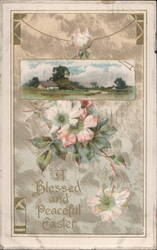 A Blessed and Peaceful Easter Rural Cottage Scene Pink Wild Roses Art Nouveau Postcard
