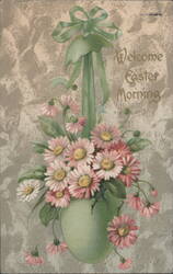Welcome Easter Morning Green Egg Pink Daisies Ribbon Bow Embossed 1908 Postcard