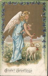 Easter Greetings Angel Leading Lamb Blue Gown Violets Border Postcard