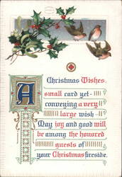 Christmas Wishes with Holly, Mistletoe, and Robins Postcard