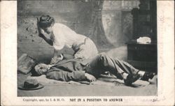 Woman with rolling pin over man on floor, 'Not in a Position to Answer Postcard