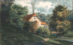 Watermill House with Red Roof and Smoking Chimney, Wooded Landscape Postcard