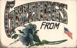 GREETINGS FROM Women's Portraits, Blue Flower, American Flag Postcard