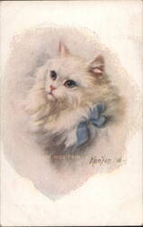 Miss Prim White Persian Cat with Blue Bow by Kenyon Postcard