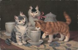 Three Cats Drinking Tea from Cups with Teapot, by S. Spörl Postcard