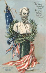 Abraham Lincoln Bust with American Flag, Laurel Wreath, Patriotic Quote Postcard