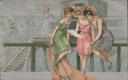 Three Women in Bathing Suits on Pier, Albert Rosenthal Illustration Postcard