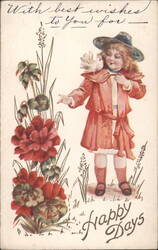 Girl in Red Dress with Blue Hat Holding White Dove, Red Flowers Postcard