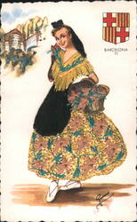 Woman in Traditional Catalan Costume with Basket of Flowers, Barcelona Postcard