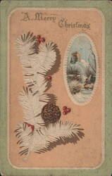 A Merry Christmas Pine Branch, Berries, Pinecone, Snowy Church Scene Postcard