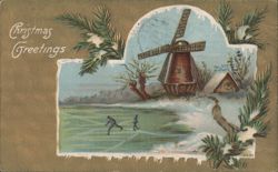 Christmas Greetings Winter Scene with Windmill and Ice Skaters Postcard