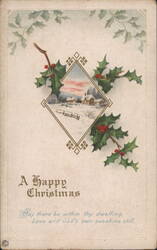 A Happy Christmas Winter Village Scene with Holly and Berries Postcard