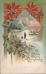 Merry Christmas Winter Scene with Man, Sheep, and Poinsettias Postcard