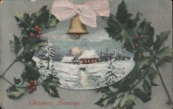 Christmas Greetings Winter Village Scene with Holly and Bell Postcard