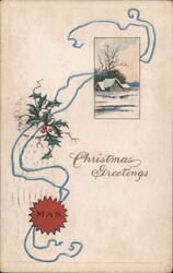 Christmas Greetings with Snowy House and Holly Postcard