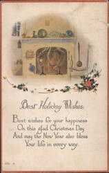 Cozy Fireplace Scene with Best Holiday Wishes and Christmas Greeting Postcard