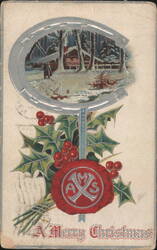 Horseshoe with Snowy Cabin Scene and Merry Christmas Greeting Postcard