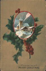 Merry Christmas Greeting Card with Snowy Village, Church, Holly, and Berries Postcard