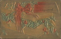 Christmas Greetings with Red Bow, Holly, and Berries Postcard