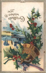 Christmas Holly, Berries, and Bell Illustration Postcard
