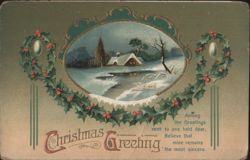 Christmas Greeting Winter Scene with Holly and Berries, Small House by Stream Postcard