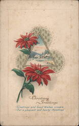 Christmas Greetings with Poinsettias and Snowy Village Scene Postcard