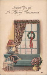 Merry Christmas Interior Scene with Window Wreath and Cozy Furniture Postcard