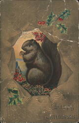 Squirrel with Nut and Holly, A Happy Christmas Greeting Postcard