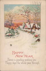 Happy New Year Snowy Winter Village Scene Postcard
