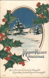 Merry Christmas Snowy Village Scene with Holly Border Postcard