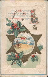 Merry Christmas and Happy New Year with Holly and Winter Scene Postcard