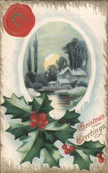 Christmas Greetings, Winter Scene with House, Holly & Berries Postcard