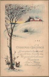 Winter Christmas Scene with Squirrel and Snow-Covered Houses Postcard