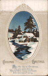 Christmas Greetings, Snow-Covered House and Winter Stream Postcard