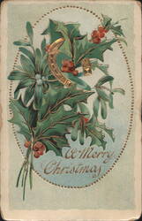 Holly, Mistletoe, Horseshoe & Key with A Merry Christmas Greeting Postcard