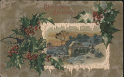 Christmas Greetings with Snowy Mill House & Holly Berries Postcard