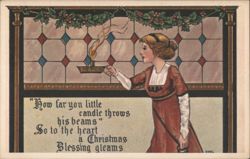 Woman with Candle and Holly Window, Christmas Blessing Postcard
