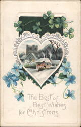 Christmas Best Wishes Winter Village Scene with Church and Shamrocks Postcard