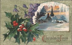 Christmas Joys with Holly, Purple Flowers, and Snowy Village Scene Postcard