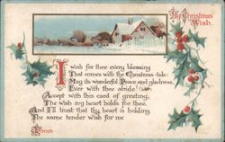 Christmas Wish Poem with Snowy House and Holly Postcard