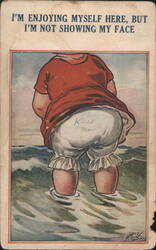 Comic Vacation Scene: Person in Bloomers in Ocean with 'Kiss Me' Message Postcard