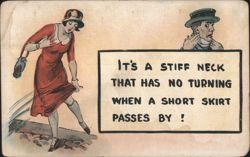 Man with Stiff Neck Turns for Flapper Woman in Short Skirt Comic Cartoon Postcard