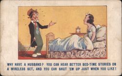 Comic Husband Wife Bedtime Stories, Wireless Set, Matrimonial Humor Postcard