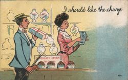 Comic Candy Shop Scene: Woman with $5 Bill, Man with Gift Box Postcard