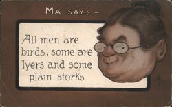 Ma Says: All Men Are Birds, Lyers, and Storks Comic Caricature Postcard