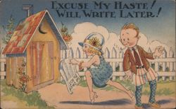 Excuse My Haste! Will Write Later! Woman Running to Outhouse Postcard